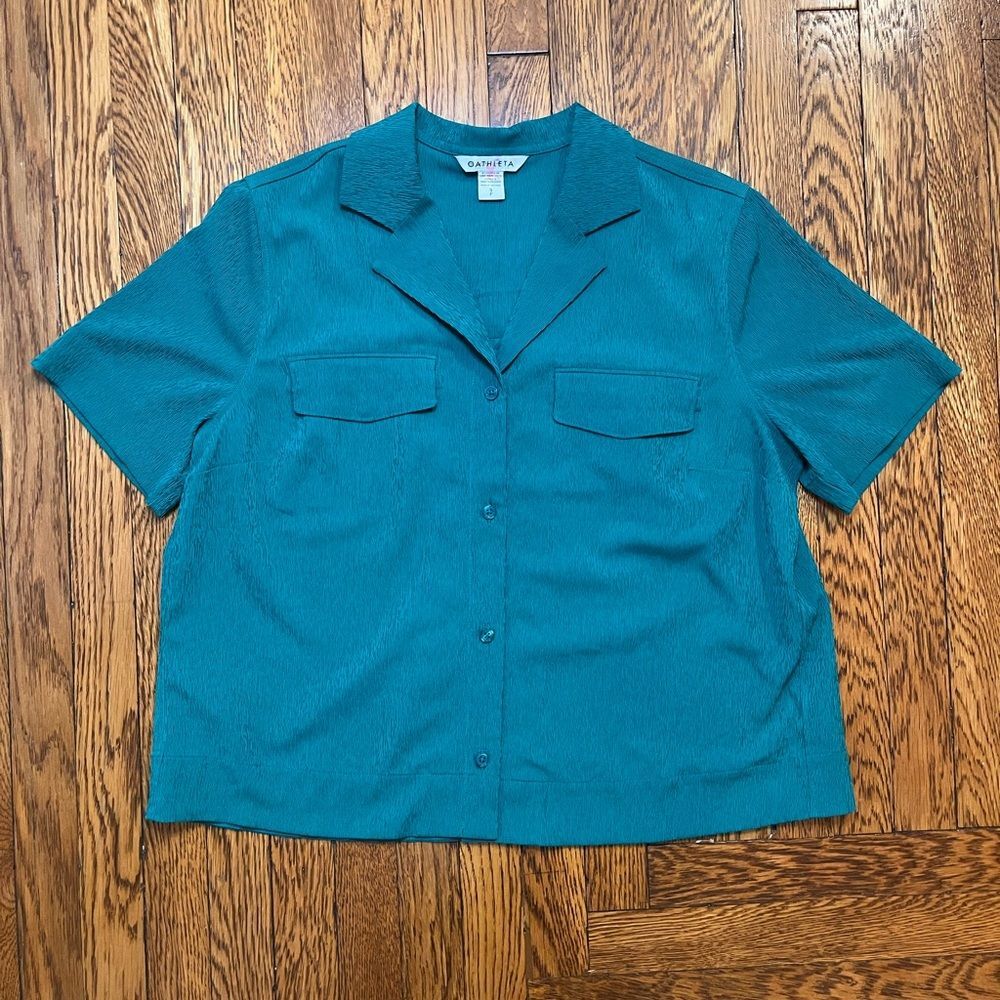 Athleta Teal Button-Up Short Sleeve Shirt